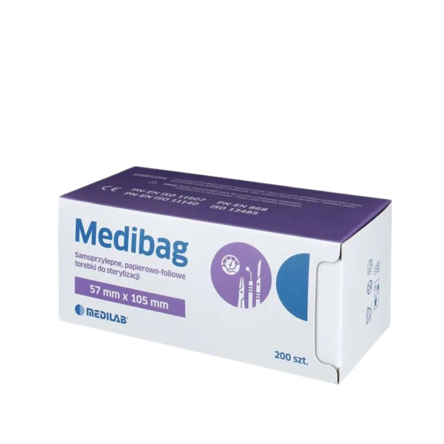 Torebki do Sterylizacji MEDIBAG Papierowo-Foliowe Samoprzylepne 57 × 105 mm – 200 szt. MEDILAB