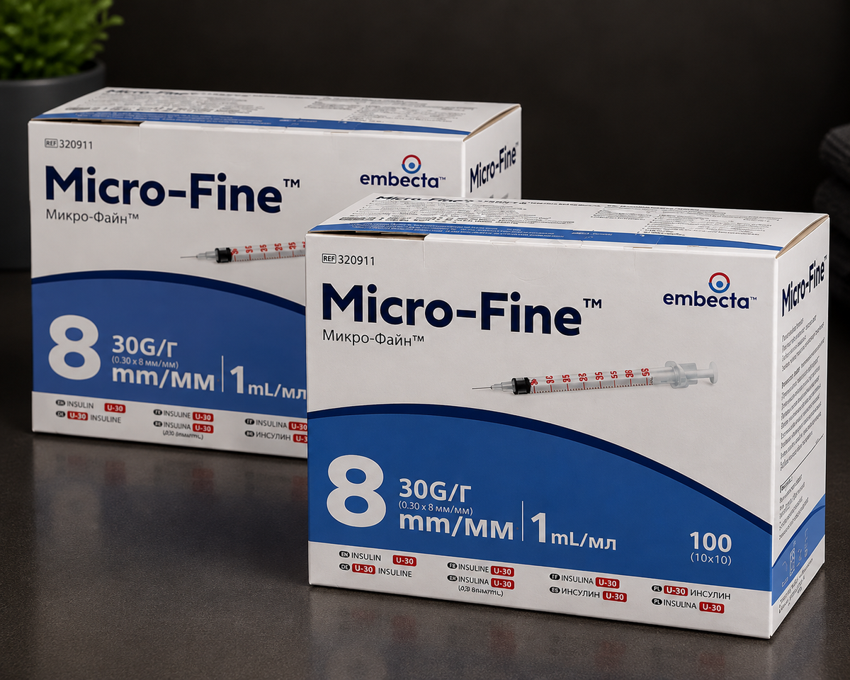 Embecta Micro-Fine™ Plus PRO – Strzykawki Insulinowe 1 ml 30G × 8 mm – 2 × 100 szt.