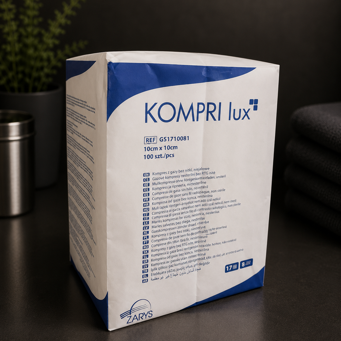 Kompresy Gazowe Niejałowe KOMPRI LUX 13N 8W 10 × 10 cm, ZARYS – 100 szt.