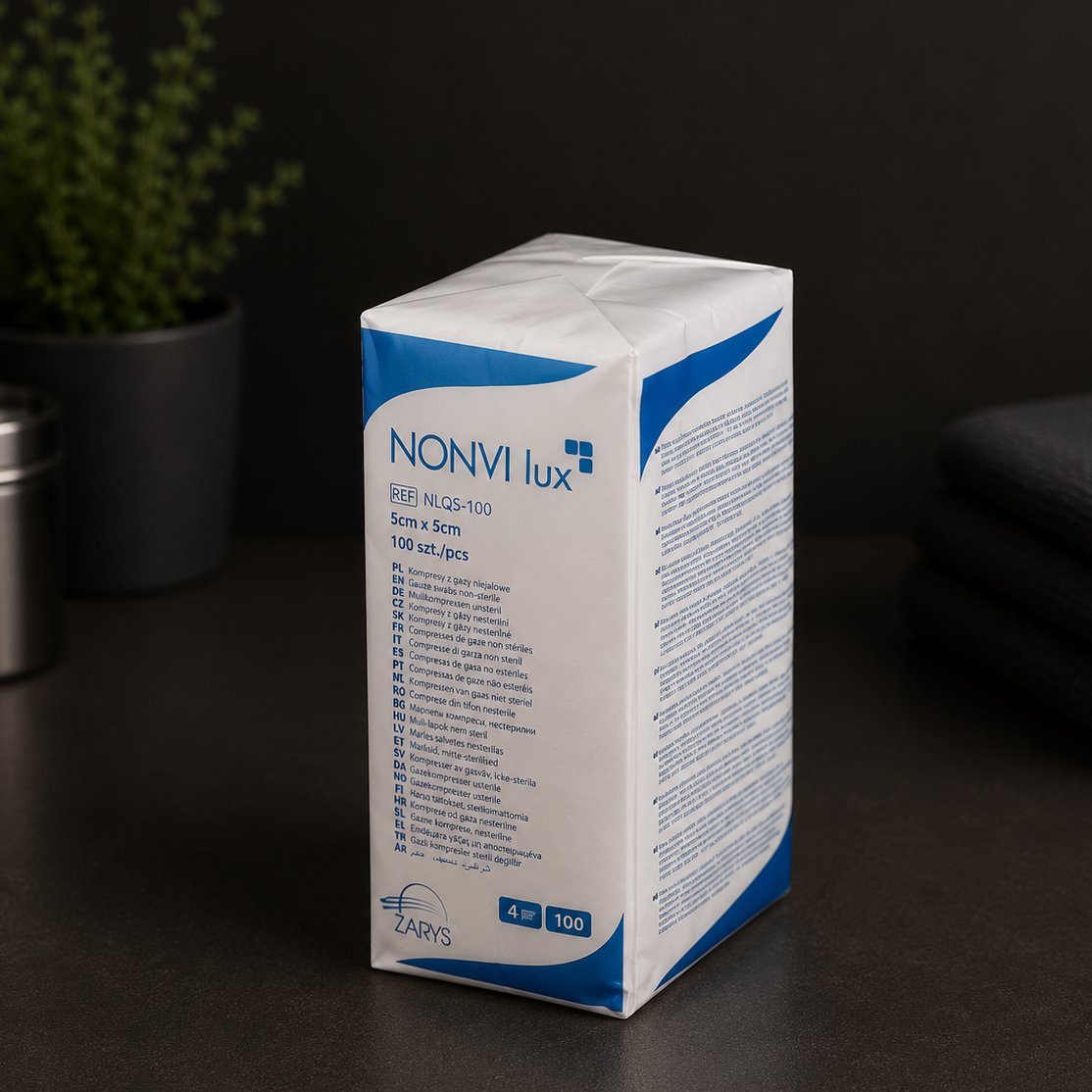 Kompresy Włókninowe Niejałowe NONVI LUX 30G 4W 5 × 5 cm, ZARYS - 100 szt.