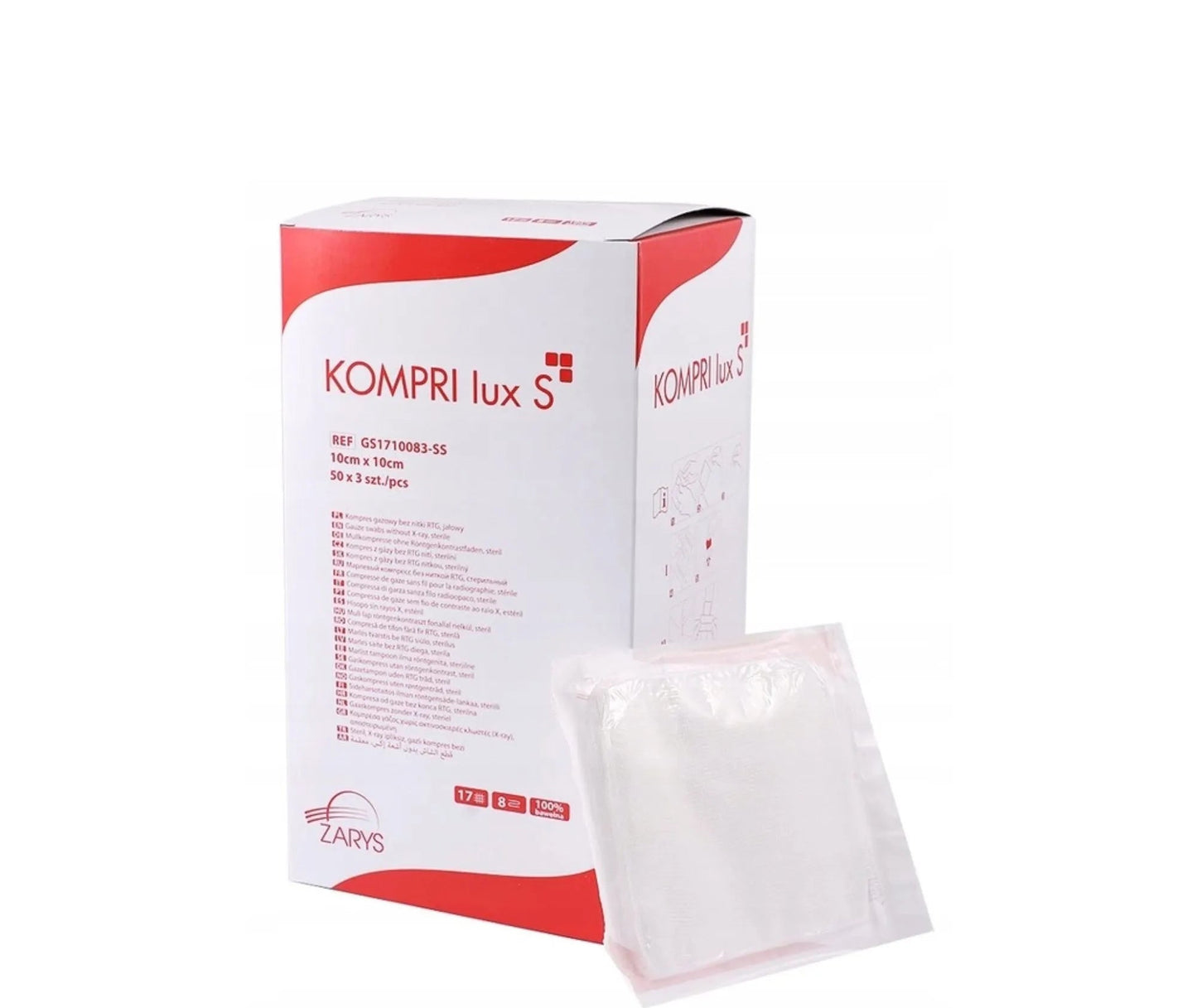 Kompresy Gaziki Jałowe - KOMPRI LUX S - 10 × 10 cm, 17N / 8W, 3 szt. (50 blistrów × 3 szt.)