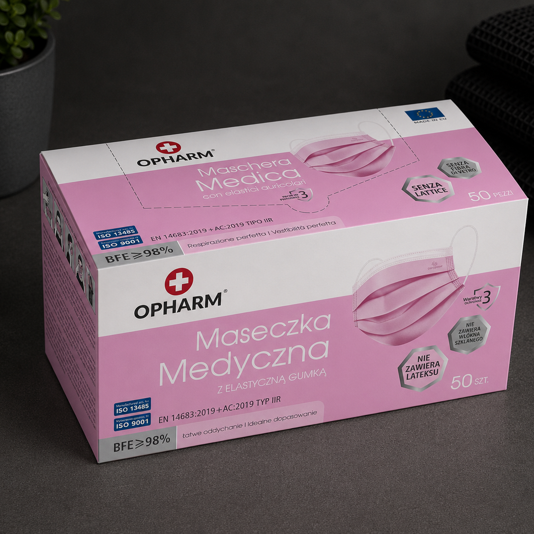 Maseczka Medyczna Chirurgiczna Typ IIR, OPHARM – Różowa, 50 szt.