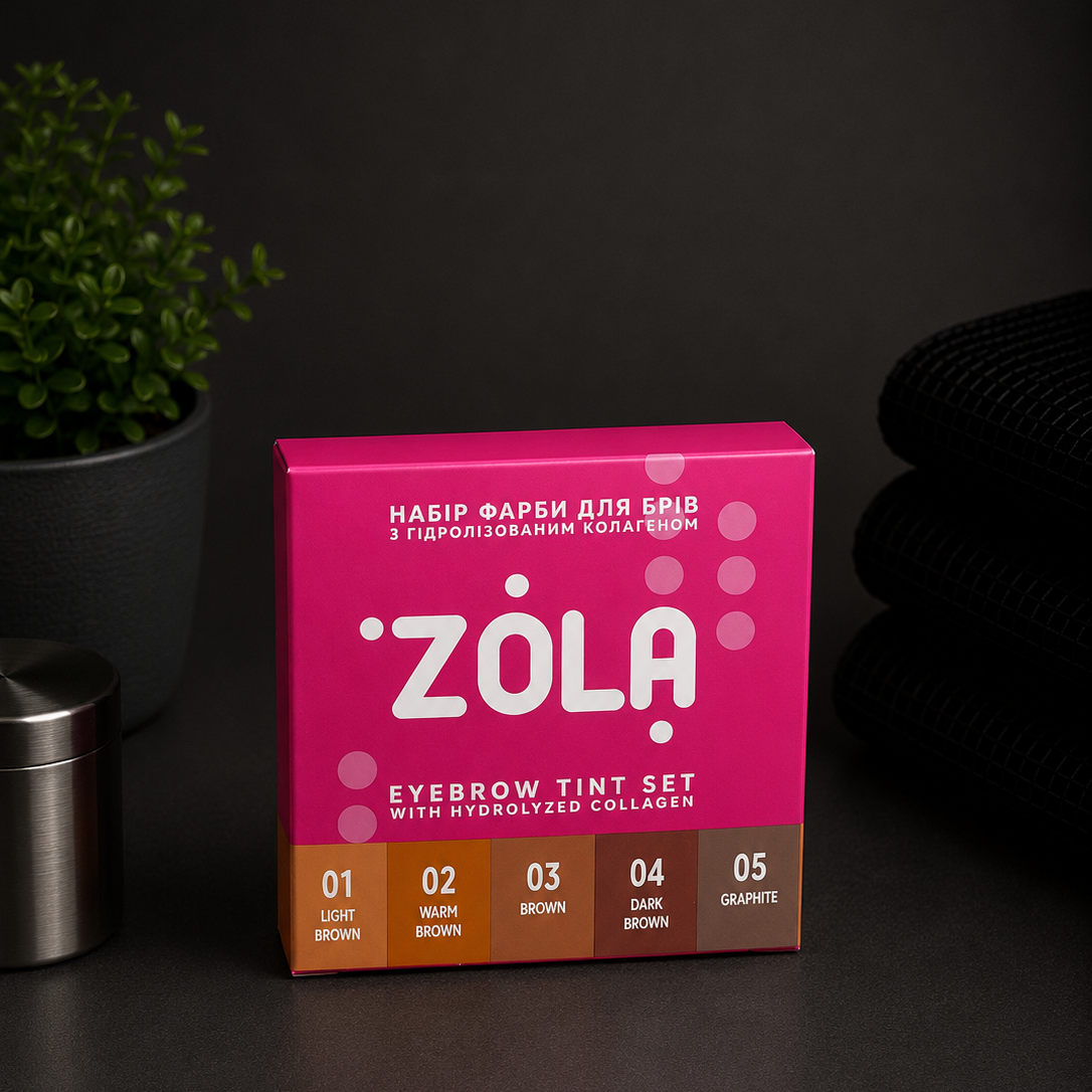 ZOLA Zestaw Farbek do Brwi z Kolagenem w Saszetkach + Aktywator 3% – 5 Kolorów