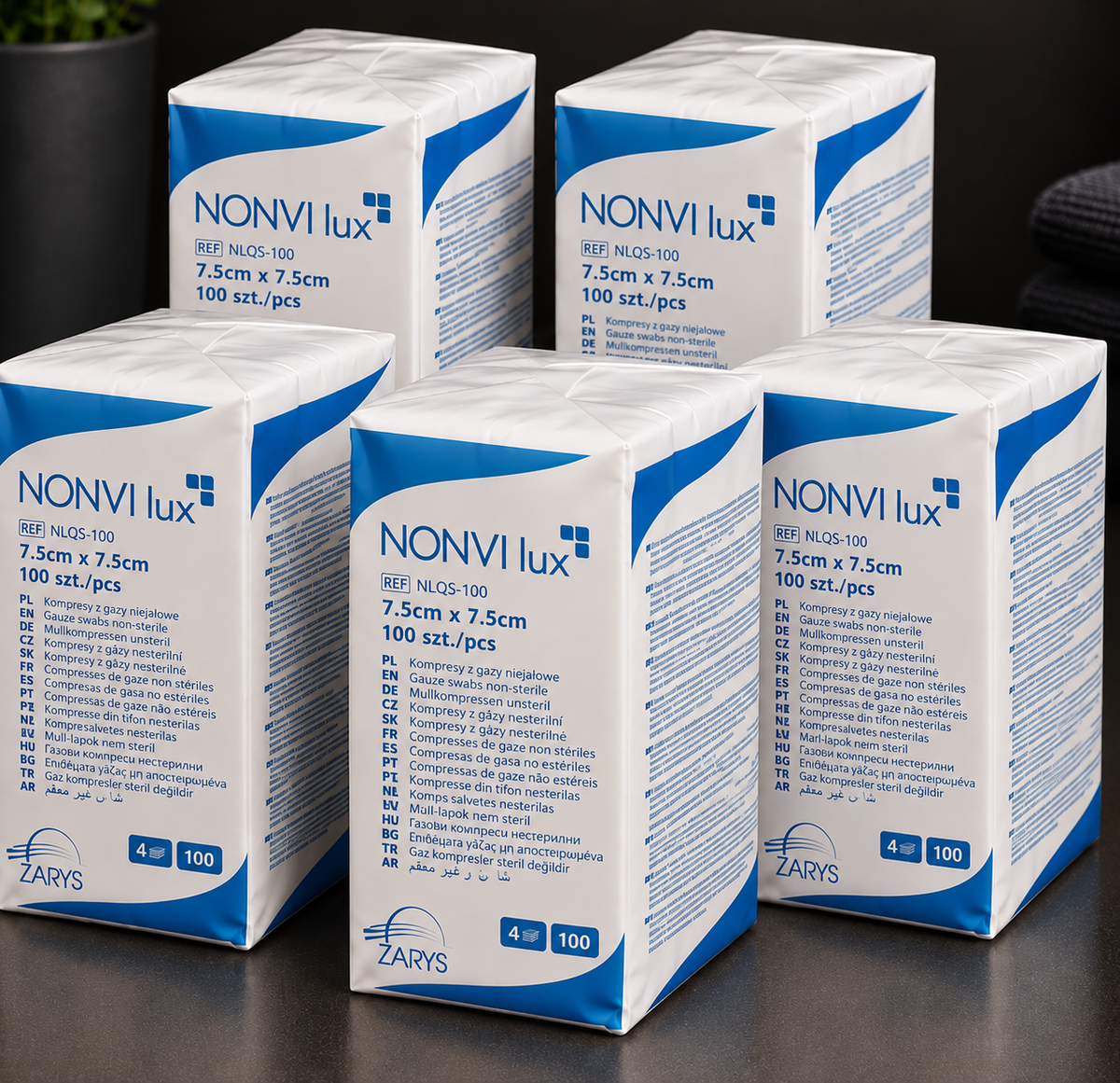 NONVI LUX PRO – Kompresy Gazowe Niejałowe 7,5 × 7,5 cm, ZARYS – 5 × 100 szt.