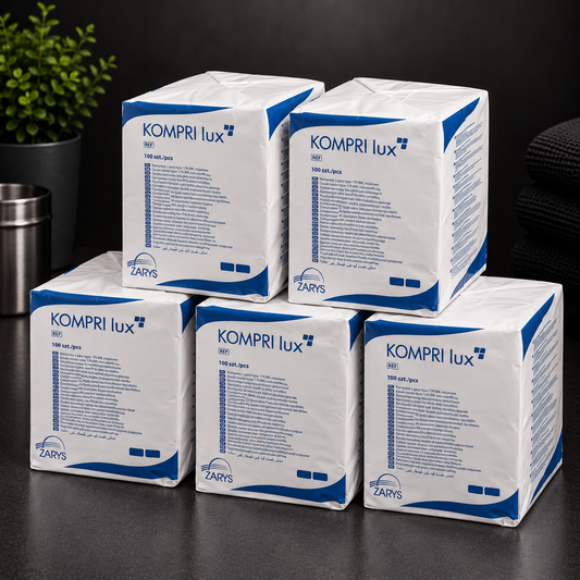 KOMPRI LUX PRO – Kompresy Gazowe Niejałowe 7,5 × 7,5 cm, ZARYS – 5 × 100 szt.