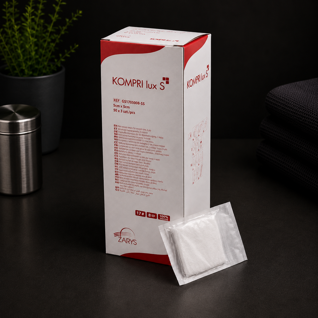 Kompresy Gazowe Jałowe KOMPRI LUX S 17N 18W 5 × 5cm, ZARYS – 3 szt. (50 blistrów × 3 szt.)