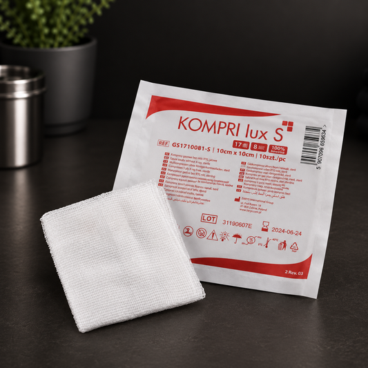 Kompresy Gazowe Jałowe KOMPRI LUX S 17N 8W, 10 × 10 cm x 10 szt. ZARYS – 20 blistrów