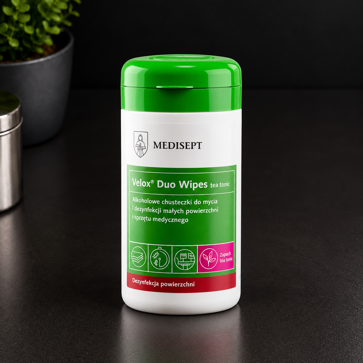 Velox Duo Wipes Tea Tonic – Alkoholowe Chusteczki do Dezynfekcji Powierzchni, MEDISEPT – Tuba 100 szt.
