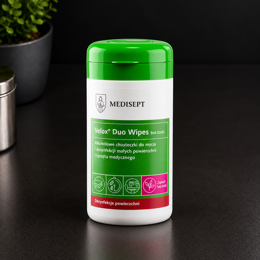 Velox Duo Wipes Tea Tonic – Alkoholowe Chusteczki do Dezynfekcji Powierzchni, MEDISEPT – Tuba 100 szt.