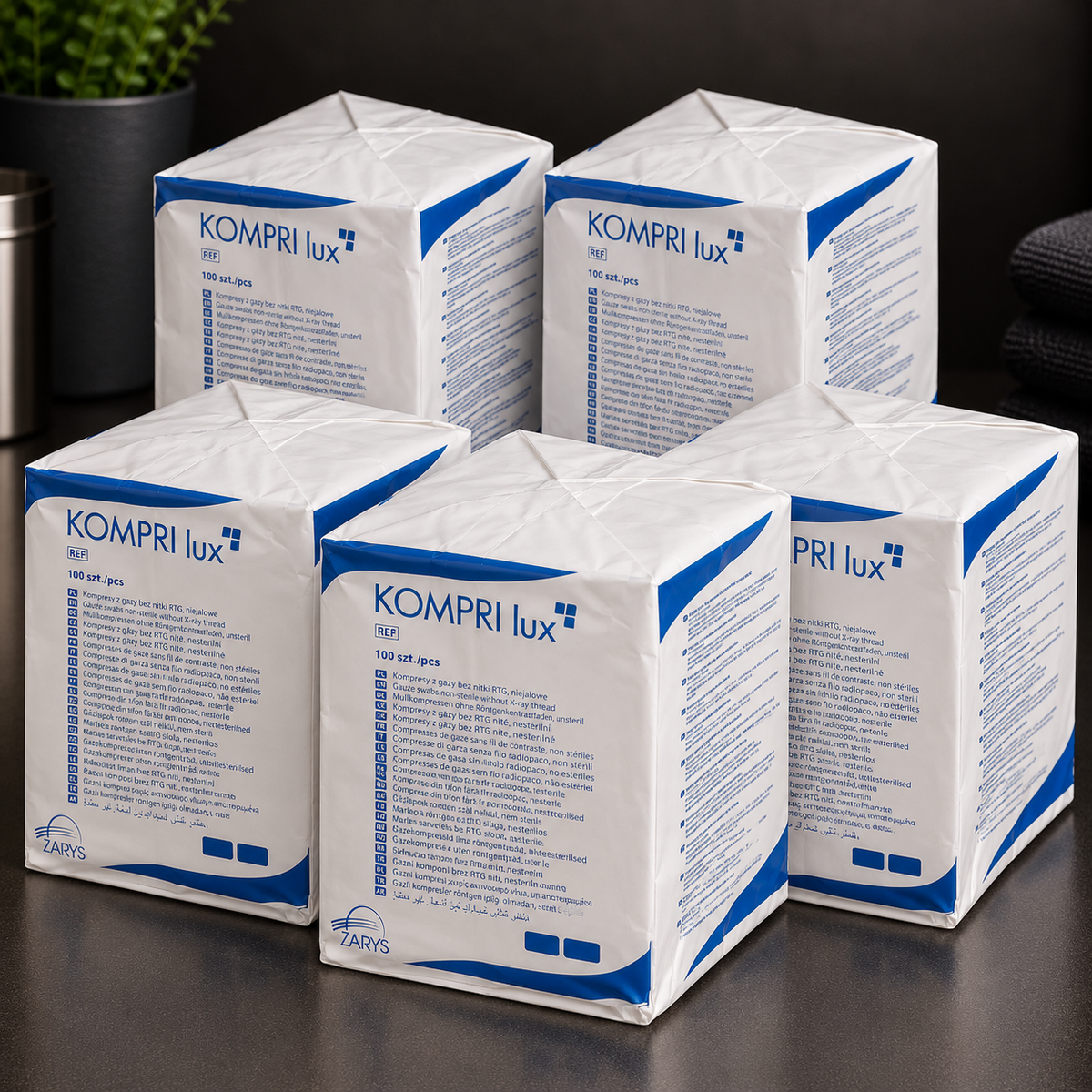KOMPRI LUX PRO – Kompresy Gazowe Niejałowe 7,5 × 7,5 cm, ZARYS – 5 × 100 szt.