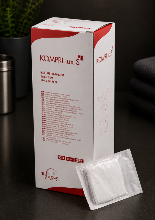 Kompresy Gazowe Jałowe KOMPRI LUX S 17N 18W 5 × 5cm, ZARYS – 3 szt. (50 blistrów × 3 szt.)