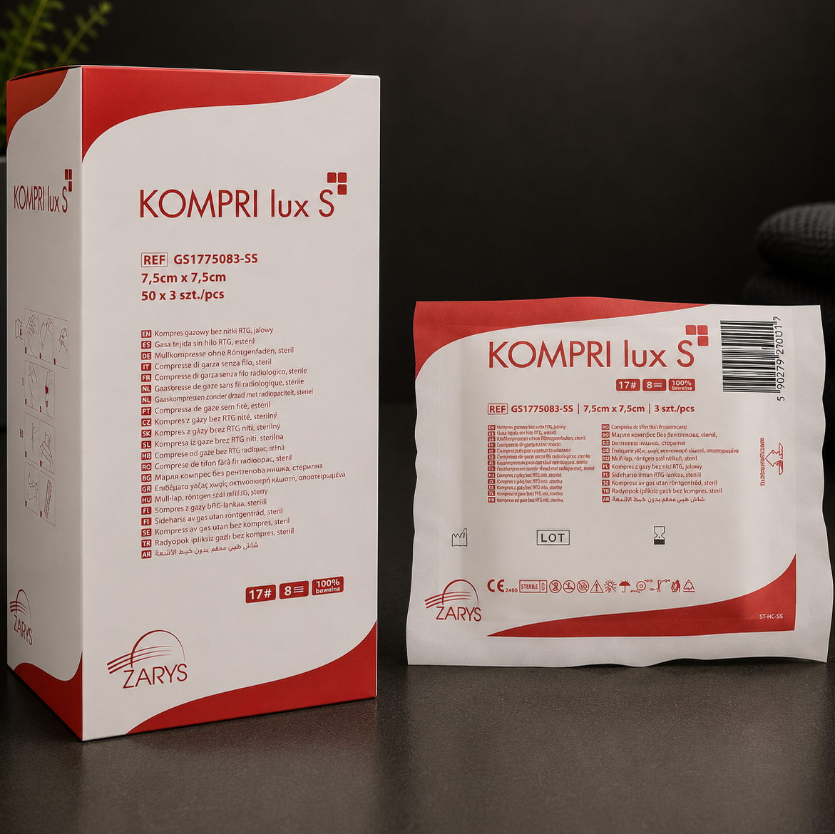 Kompresy Gazowe Jałowe KOMPRI LUX S 17N 8W 7,5 × 7,5 cm, ZARYS – 3 szt. (50 blistrów × 3 szt.)