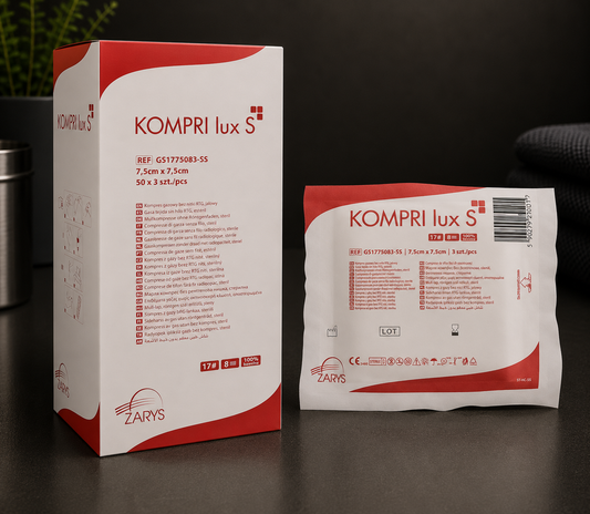 Kompresy Gazowe Jałowe KOMPRI LUX S 17N 8W 7,5 × 7,5 cm, ZARYS – 3 szt. (50 blistrów × 3 szt.)