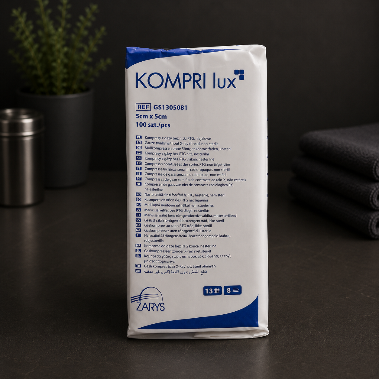 Kompresy Gazowe Niejałowe KOMPRI LUX 13N 12W 5 × 5cm, ZARYS – 100 szt.