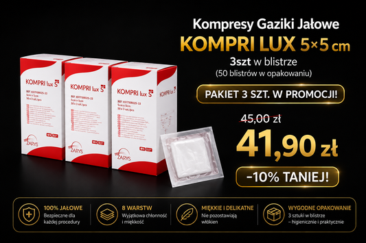 Pakiet 3 opakowań – Kompresy Gaziki Jałowe KOMPRI LUX 5 × 5 cm, 3 szt. w blistrze (3 × 50 blistrów)