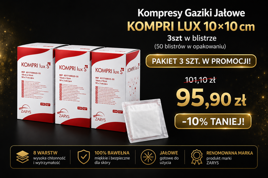 Pakiet 3 opakowań – Kompresy Gaziki Jałowe KOMPRI LUX S 10 × 10 cm, 3 szt. w blistrze (3 × 50 blistrów)