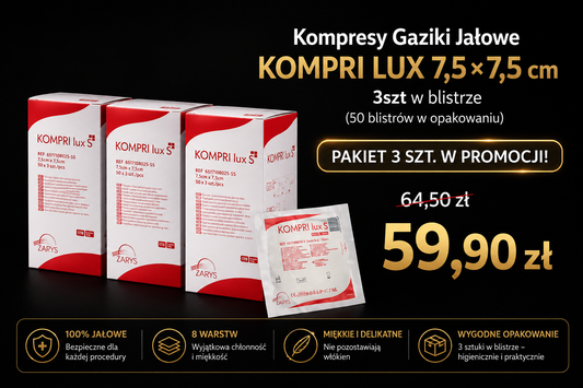 Pakiet 3 opakowań – Kompresy Gaziki Jałowe KOMPRI LUX S 7,5 × 7,5 cm, 3 szt. w blistrze (3 × 50 blistrów)