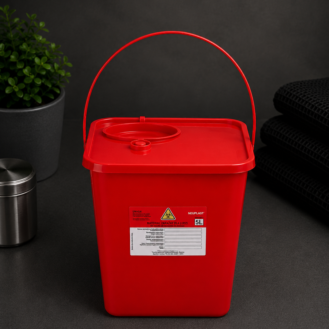 Pojemnik na Odpady Medyczne Ostre z Pokrywą 5L, NEUPLAST – Czerwony
