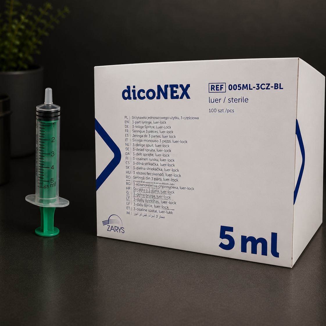 Strzykawka DicoNEX Luer 5 ml Zielony Tłok, ZARYS – 100 szt.