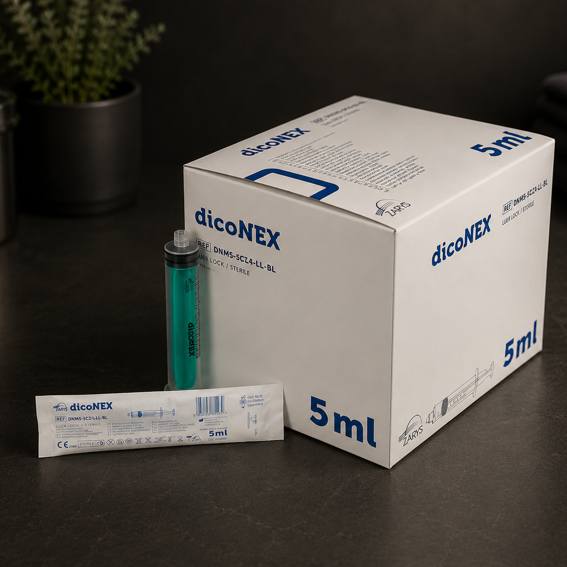 Strzykawka DicoNEX Luer Lock 5 ml, Zielony Tłok, Sterylna, ZARYS - 100 szt.