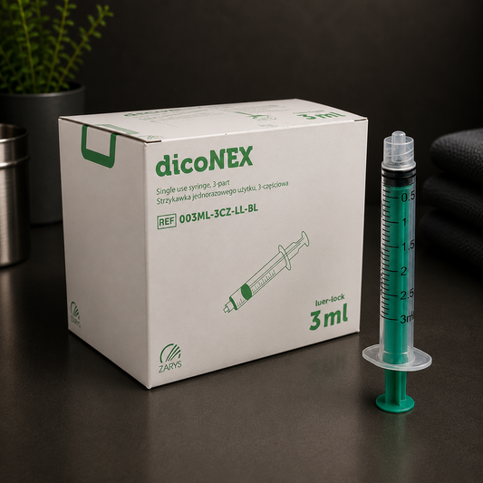 Strzykawka dicoNEX Luer Lock 3 ml z Zielonym Tłokiem, ZARYS – 100 szt.