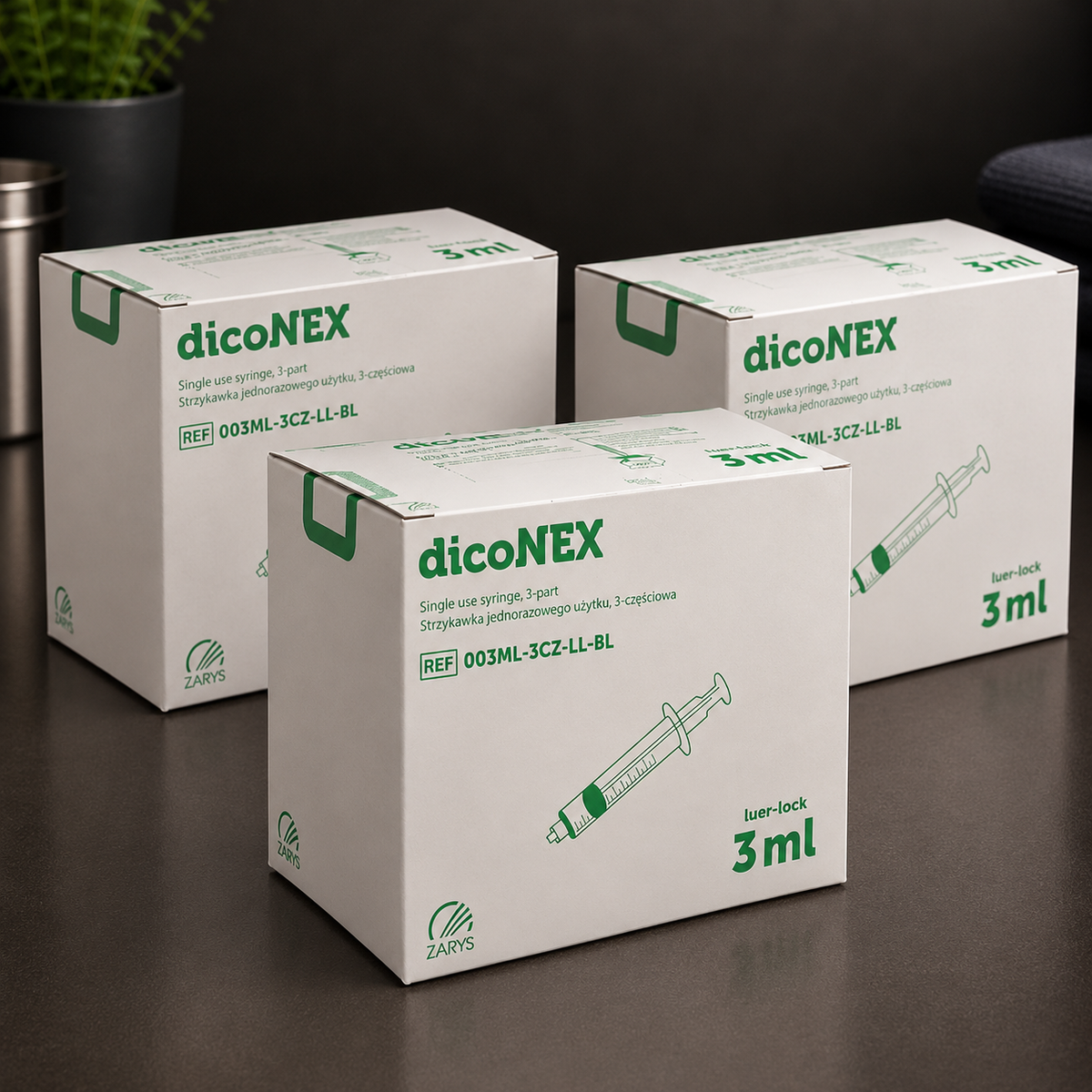 DicoNEX PRO – Strzykawki Luer Lock 3 ml Zielony Tłok, ZARYS – 3 × 100 szt.