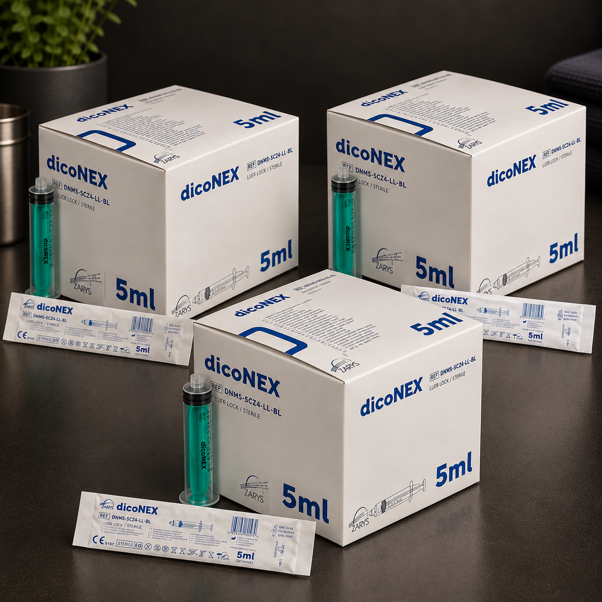 DicoNEX PRO – Strzykawki Luer Lock 5 ml Zielony Tłok, ZARYS – 3 × 100 szt.