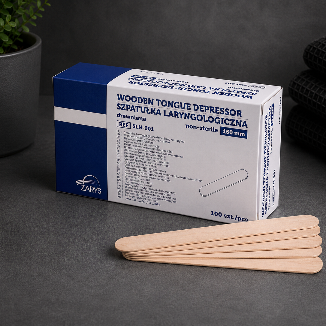 Szpatułki Laryngologiczne Niejałowe Drewniane 150 × 17 mm, ZARYS – 100 szt.