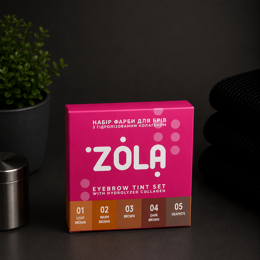 ZOLA Zestaw Farbek do Brwi z Kolagenem w Saszetkach + Aktywator 3% – 5 Kolorów