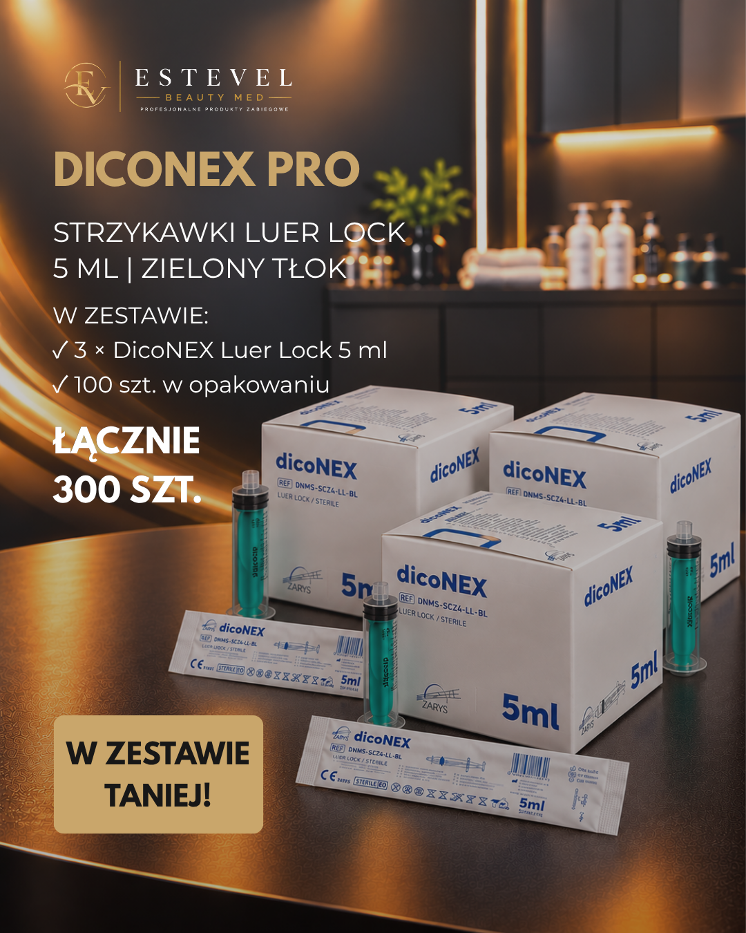 DicoNEX PRO – Strzykawki Luer Lock 5 ml Zielony Tłok, ZARYS – 3 × 100 szt.