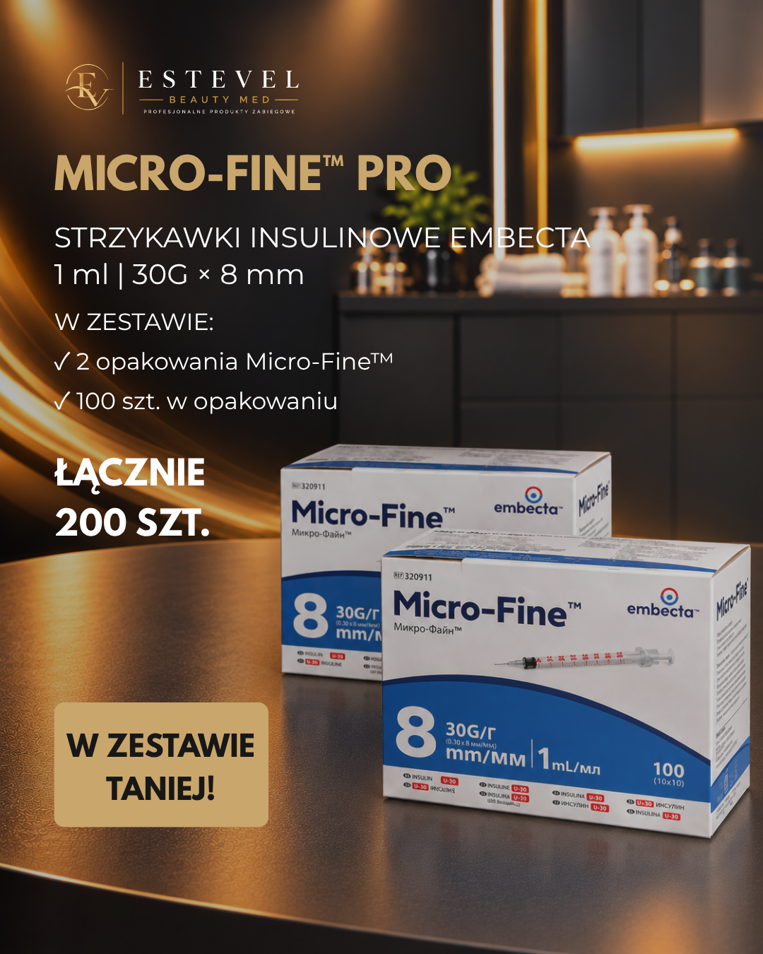 Embecta Micro-Fine™ PRO – Strzykawki Insulinowe 1 ml 30G × 8 mm – 2 × 100 szt.