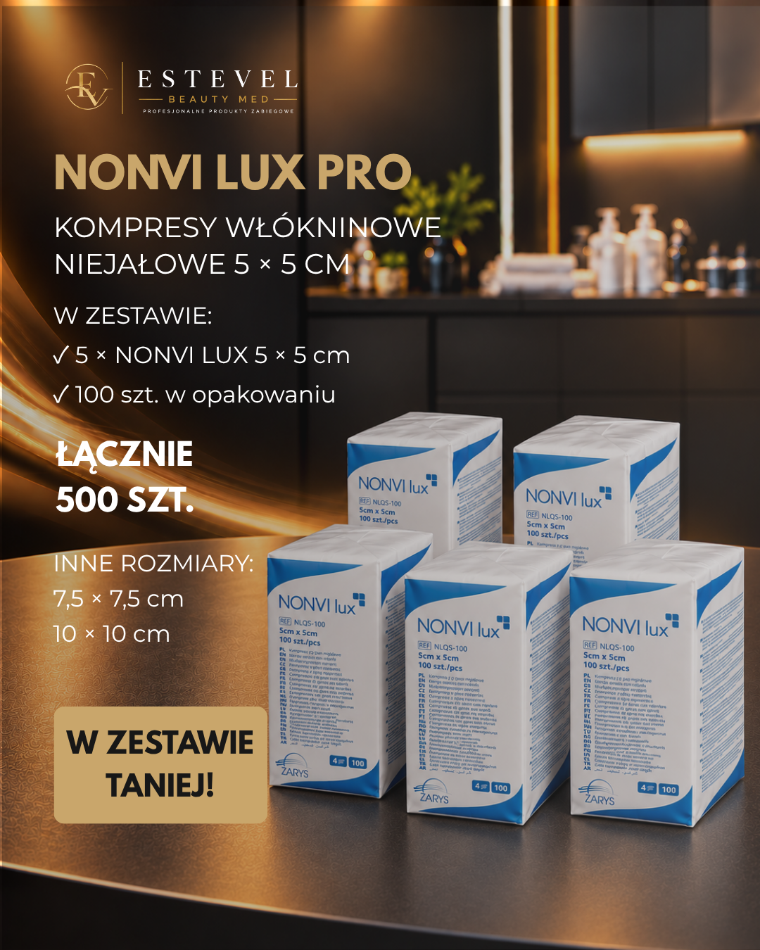 NONVI LUX PRO – Kompresy Włókninowe Niejałowe 5 × 5 cm, ZARYS – 5 × 100 szt.
