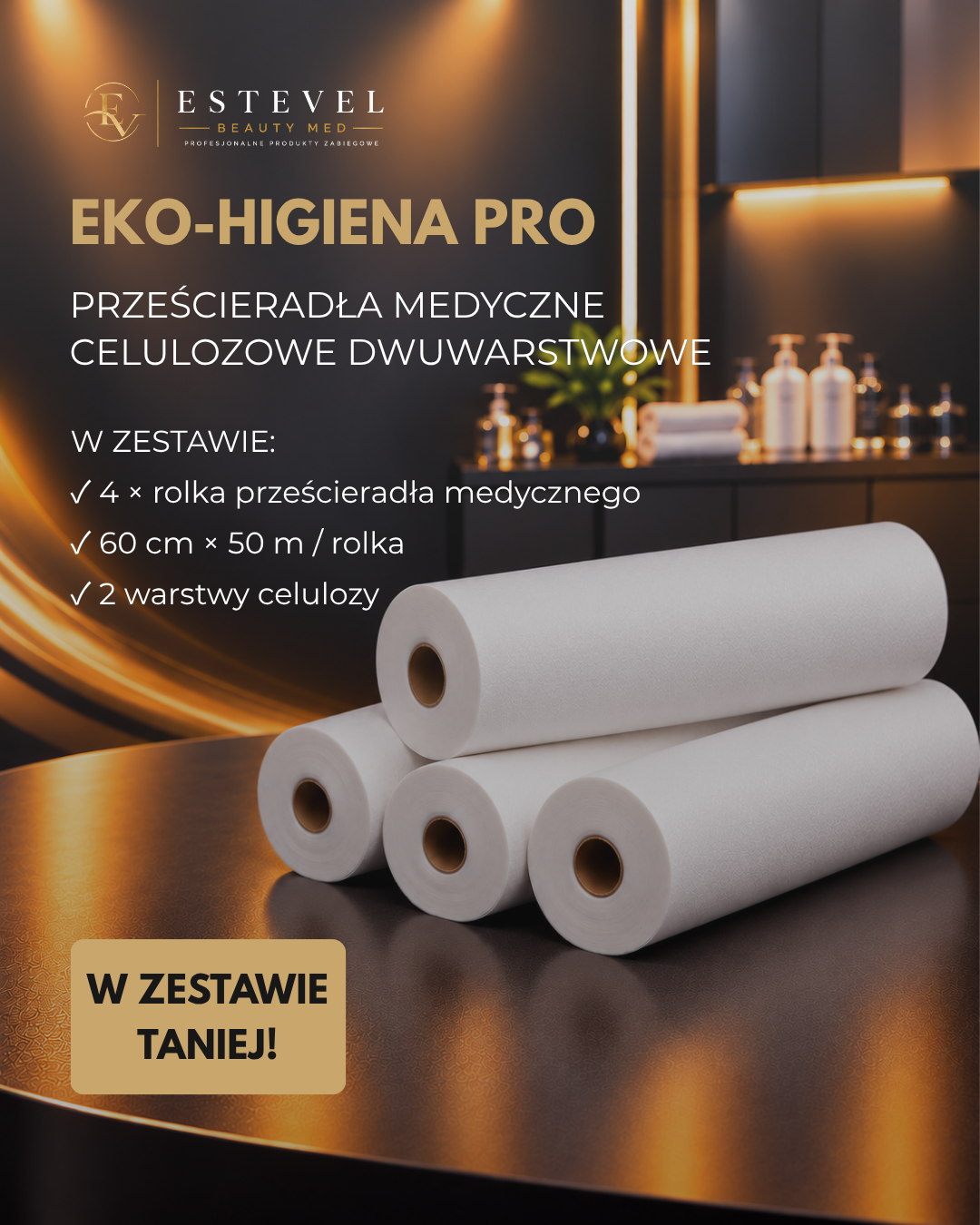 EKO-HIGIENA PRO – Prześcieradła Medyczne Celulozowe 60 cm × 50 m – 4 rolki