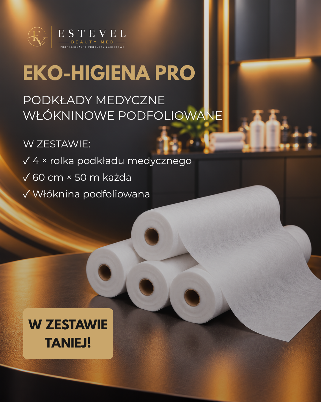 EKO-HIGIENA PRO – Podkład Medyczny Włókninowy Podfoliowany 60 cm × 50 m – 4 rolki