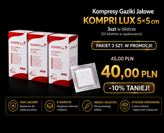 Pakiet 3 opakowań – Kompresy Gaziki Jałowe KOMPRI LUX 5 × 5 cm, 3 szt. w blistrze (3 × 50 blistrów)