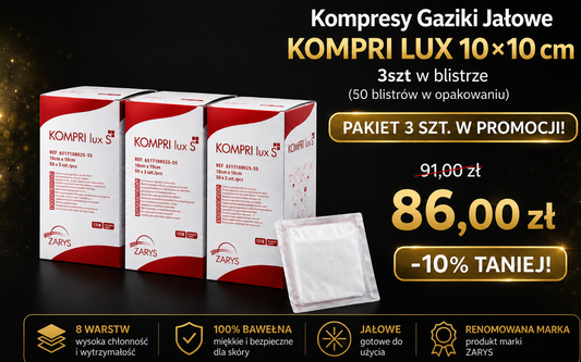 Pakiet 3 opakowań – Kompresy Gaziki Jałowe KOMPRI LUX S 10 × 10 cm, 3 szt. w blistrze (3 × 50 blistrów)