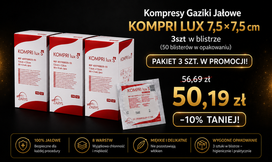 Pakiet 3 opakowań – Kompresy Gaziki Jałowe KOMPRI LUX S 7,5 × 7,5 cm, 3 szt. w blistrze (3 × 50 blistrów)