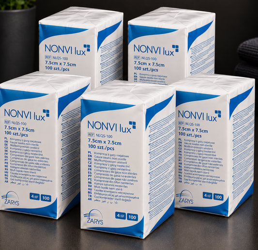 NONVI LUX PRO – Kompresy Gazowe Niejałowe 7,5 × 7,5 cm, ZARYS – 5 × 100 szt.